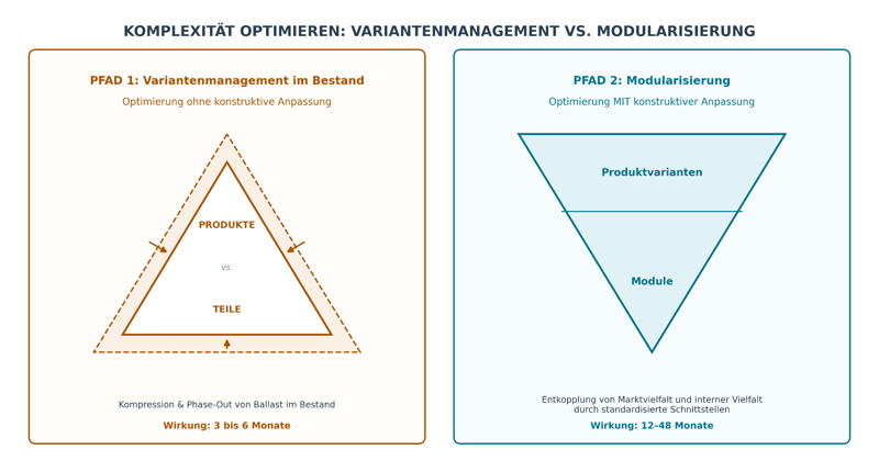 Abbildung: Das Portfolio-Dreieck "Produkte vs. Teile" &amp; Die 2 Pfade der Komplexitätsoptimierung